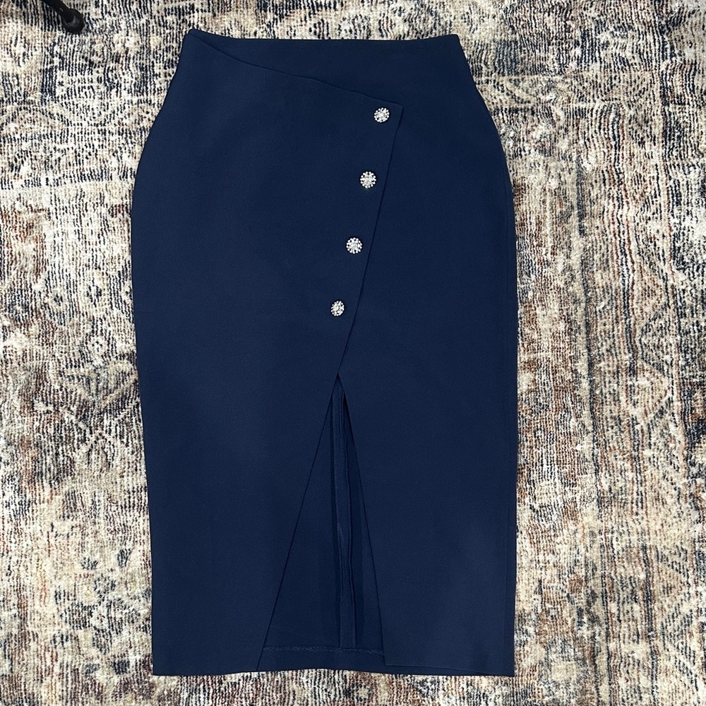 Zara Navy Pencil Skirt with Rhinestone Button Accents